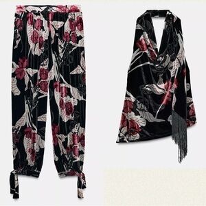 ZARA FRINGED VELVET HALTER TOP BLACK / FUCHSIA VELVET PANTS SIZES S & M